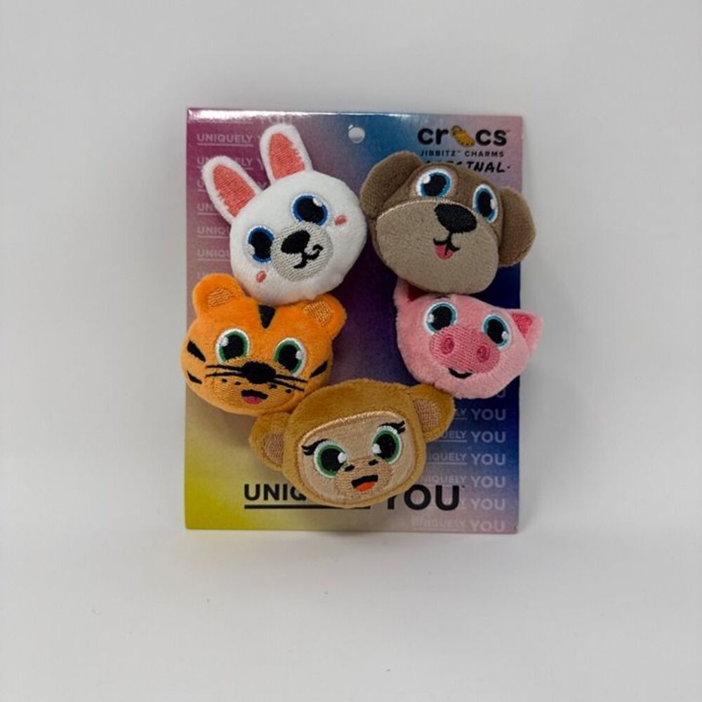 Crocs Jibbitz Fuzzy Animal 5 Pack Plush 3D Charms Bunny Tiger Bear Pig Monkey